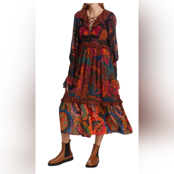 Farm Rio Lace-Up Leopard Jungle Midi Dress (size small) NWOT - Picture 6 of 6